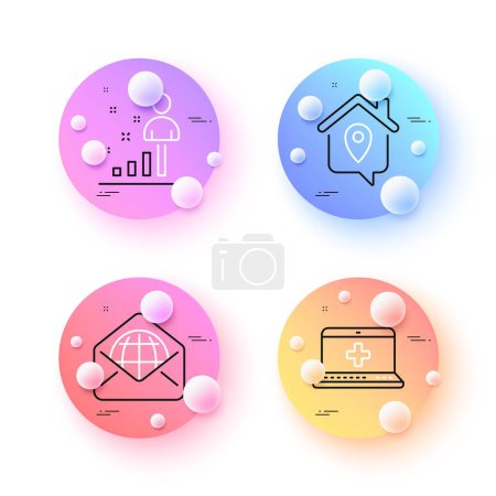 Illustration for Web mail, Medical help and Work home minimal line icons. 3d spheres or balls buttons. Stats icons. For web, application, printing. World communication, Medicine laptop, Outsource work. Vector - Royalty Free Image
