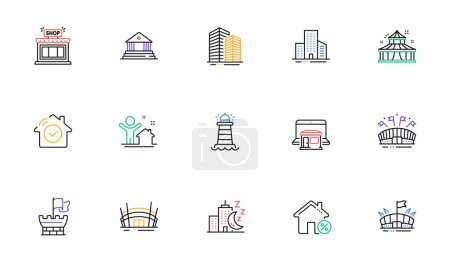 Illustration for Shield, Skyscraper buildings and Court building line icons for website, printing. Collection of Marketplace, Lighthouse, House security icons. Arena stadium, Shop, Arena web elements. Vector - Royalty Free Image
