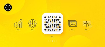 Téléchargez les illustrations : Read instruction, Binary code and Global business minimal line icons. Yellow abstract background. Security statistics, Image gallery icons. For web, application, printing. Vector - en licence libre de droit