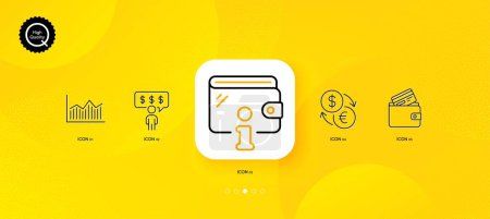 Ilustración de Employee benefits, Debit card and Wallet minimal line icons. Yellow abstract background. Currency exchange, Money diagram icons. For web, application, printing. Vector - Imagen libre de derechos