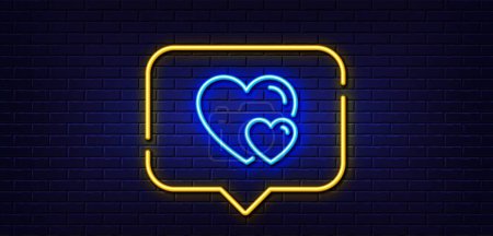 Illustration for Neon light speech bubble. Couple Love line icon. Two Hearts sign. Valentines day symbol. Neon light background. Hearts glow line. Brick wall banner. Vector - Royalty Free Image