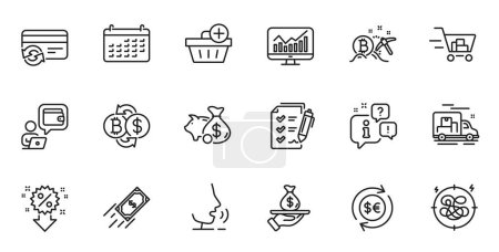 Illustration for Outline set of Bitcoin mining, Fast payment and Piggy bank line icons for web application. Talk, information, delivery truck outline icon. Include Loan, Wallet, Discount icons. Vector - Royalty Free Image