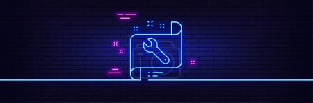 Illustration for Neon light glow effect. Spanner tool line icon. Repair service blueprint sign. Fix instruments symbol. 3d line neon glow icon. Brick wall banner. Spanner outline. Vector - Royalty Free Image