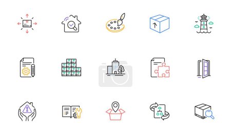 Ilustración de Documentation, Wholesale inventory and Technical algorithm line icons for website, printing. Collection of House protection, Package, Inspect icons. Lighthouse, Package location. Vector - Imagen libre de derechos