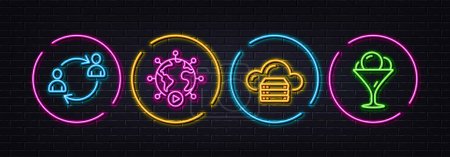 Illustration for Cloud server, Video conference and User communication minimal line icons. Neon laser 3d lights. Ice cream icons. For web, application, printing. Web storage, Online meeting, Human resources. Vector - Royalty Free Image