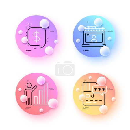Illustration for Graph chart, Payment message and Market seller minimal line icons. 3d spheres or balls buttons. Card icons. For web, application, printing. Growth report, Finance, Store buyer. Bank payment. Vector - Royalty Free Image