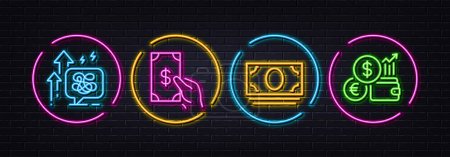 Téléchargez les illustrations : Stress grows, Receive money and Cash money minimal line icons. Neon laser 3d lights. Currency rate icons. For web, application, printing. Mental anxiety, Cash payment, Banking currency. Vector - en licence libre de droit