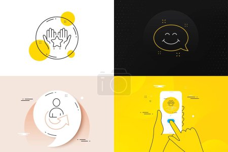 Téléchargez les illustrations : Minimal set of Pets care, Share and Smile chat line icons. Phone screen, Quote banners. Ranking icons. For web development. Shelter, Referral person, Happy emoticon. Hold star. Vector - en licence libre de droit