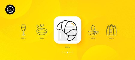 Illustration for Croissant, Water bottles and Frying pan minimal line icons. Yellow abstract background. Water care, Wineglass icons. For web, application, printing. Fresh bakery, Aqua drinks, Cooking utensil. Vector - Royalty Free Image