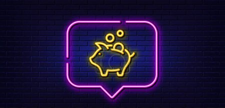 Ilustración de Neon light speech bubble. Piggy bank line icon. Coins money sign. Business savings symbol. Neon light background. Piggy bank glow line. Brick wall banner. Vector - Imagen libre de derechos