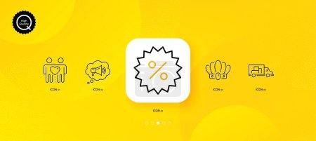 Illustration for Discount, Megaphone and Friends couple minimal line icons. Yellow abstract background. Crown, Truck transport icons. For web, application, printing. Special offer, Brand message, Friendship. Vector - Royalty Free Image