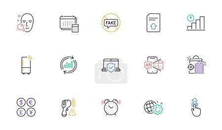 Téléchargez les illustrations : Seo gear, Laptop insurance and Face search line icons for website, printing. Collection of Seo shopping, Augmented reality, Graph chart icons. Swipe up, Account, Alarm clock web elements. Vector - en licence libre de droit