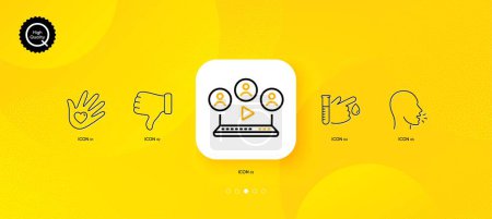 Téléchargez les illustrations : Cough, Blood donation and Dislike hand minimal line icons. Yellow abstract background. Social responsibility, Video conference icons. For web, application, printing. Vector - en licence libre de droit