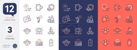 Téléchargez les illustrations : Set of Work home, Battery charging and Video conference line icons. Include Stress, Agent, Strategy icons. Justice scales, Artificial intelligence, Journey web elements. Buying currency. Vector - en licence libre de droit
