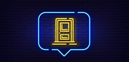 Illustration for Neon light speech bubble. Entrance line icon. Entry door sign. Building exit symbol. Neon light background. Entrance glow line. Brick wall banner. Vector - Royalty Free Image