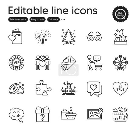 Téléchargez les illustrations : Set of Holidays outline icons. Contains icons as Be true, Bus travel and Heart elements. Yummy smile, Wedding rings, Puzzle web signs. Christmas tree, Secret gift, Love document elements. Vector - en licence libre de droit