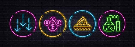 Illustration for Scroll down, Buying currency and Skin care minimal line icons. Neon laser 3d lights. Chemistry lab icons. For web, application, printing. Swipe screen, Buy dollars, Face cream. Laboratory. Vector - Royalty Free Image