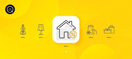 Téléchargez les illustrations : Gifts, Manager and Refrigerator app minimal line icons. Yellow abstract background. Table lamp, Loan house icons. For web, application, printing. Vector - en licence libre de droit