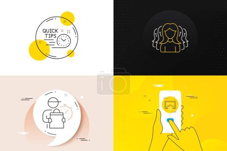 Ilustración de Minimal set of Start presentation, Quick tips and Delivery man line icons. Phone screen, Quote banners. Women group icons. For web development. Play photos, Helpful tricks, Express courier. Vector - Imagen libre de derechos