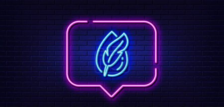 Illustration for Neon light speech bubble. Hypoallergenic tested line icon. Feather sign. No synthetic symbol. Neon light background. Hypoallergenic tested glow line. Brick wall banner. Vector - Royalty Free Image