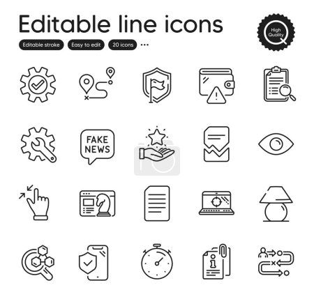 Téléchargez les illustrations : Set of Technology outline icons. Contains icons as Fake news, Customisation and Seo strategy elements. Search analysis, Eye, Wallet web signs. Shield, Journey, Touchscreen gesture elements. Vector - en licence libre de droit