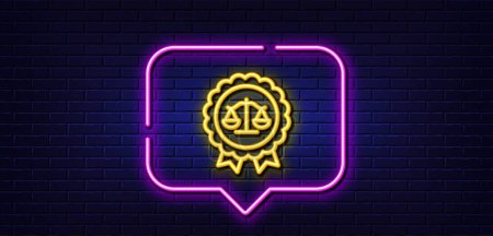 Ilustración de Neon light speech bubble. Justice scales line icon. Judgement award sign. Legal law symbol. Neon light background. Justice scales glow line. Brick wall banner. Vector - Imagen libre de derechos