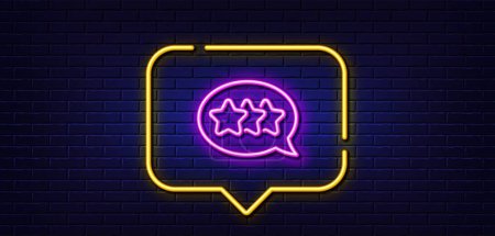 Illustration for Neon light speech bubble. Stars line icon. Feedback rating sign. Customer satisfaction symbol. Neon light background. Stars glow line. Brick wall banner. Vector - Royalty Free Image