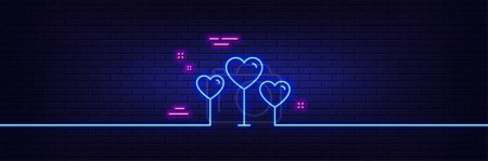 Téléchargez les illustrations : Neon light glow effect. Love hearts line icon. Valentines day sign. Couple relationships symbol. 3d line neon glow icon. Brick wall banner. Love heart outline. Vector - en licence libre de droit