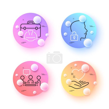 Téléchargez les illustrations : Construction toolbox, Unlock system and Hold heart minimal line icons. 3d spheres or balls buttons. People chatting icons. For web, application, printing. Vector - en licence libre de droit