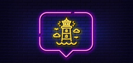 Illustration for Neon light speech bubble. Lighthouse line icon. Beacon tower sign. Searchlight building symbol. Neon light background. Lighthouse glow line. Brick wall banner. Vector - Royalty Free Image
