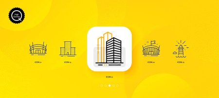 Téléchargez les illustrations : Arena, Skyscraper buildings and Lighthouse minimal line icons. Yellow abstract background. Arena stadium, University campus icons. For web, application, printing. Vector - en licence libre de droit
