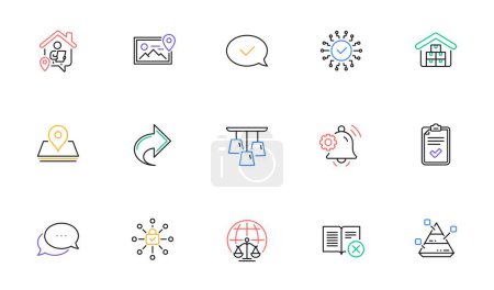 Illustration for Ceiling lamp, Security network and Approved message line icons for website, printing. Collection of Work home, Checklist, Magistrates court icons. Pin, Dots message. Vector - Royalty Free Image