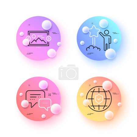 Illustration for Star, Image carousel and Global insurance minimal line icons. 3d spheres or balls buttons. Employees messenger icons. For web, application, printing. Launch rating, Photo album, Full coverage. Vector - Royalty Free Image