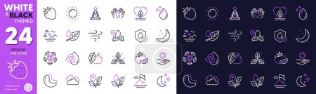 Illustration for Cashew nut, Leaves and Plants watering line icons for website, printing. Collection of Cloudy weather, Moon, Flood insurance icons. Waterproof, Christmas tree, Tomato web elements. Apple. Vector - Royalty Free Image