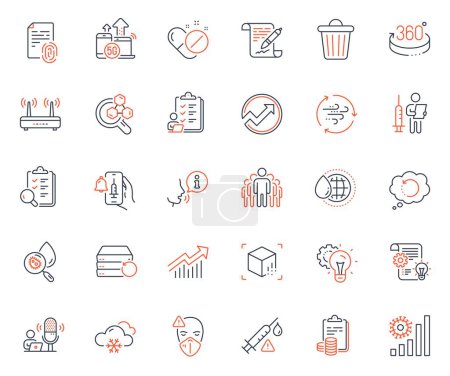 Illustration for Science icons set. Included icon as Wind energy, Chemistry lab and Augmented reality web elements. Trash bin, Idea gear, Vaccination announcement icons. Fingerprint, Vaccine attention. Vector - Royalty Free Image