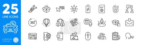Téléchargez les illustrations : Outline icons set. Open box, Hold box and Air balloon icons. Incoming mail, Smartphone message, Favorite web elements. Quick tips, User notification, Certified refrigerator signs. Vector - en licence libre de droit