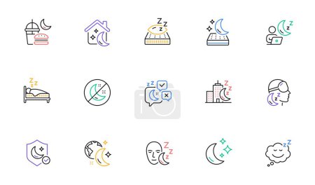 Illustration for Sleep line icons. Sleeping pillow, Night bed and Insomnia sleeplessness. Bedroom rest mattress, Zzz snooze and Pillows with feather icons. Sleeping mask, Alarm clock and Human sleep in bed. Vector - Royalty Free Image
