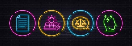 Illustration for Solar panels, File and Justice scales minimal line icons. Neon laser 3d lights. Stress icons. For web, application, printing. Electric power, Paper page, Judgement bubble. Mind anxiety. Vector - Royalty Free Image