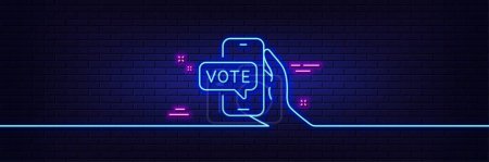 Illustration for Neon light glow effect. Online voting line icon. Internet vote sign. Web election symbol. 3d line neon glow icon. Brick wall banner. Online voting outline. Vector - Royalty Free Image