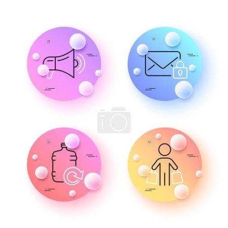 Ilustración de Secure mail, Megaphone and Refill water minimal line icons. 3d spheres or balls buttons. Buyer icons. For web, application, printing. Private e-mail, Advertisement, Cooler bottle. Vector - Imagen libre de derechos