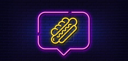Ilustración de Neon light speech bubble. Hotdog line icon. Fast food sign. Sausage sandwich symbol. Neon light background. Hotdog glow line. Brick wall banner. Vector - Imagen libre de derechos