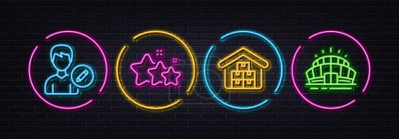 Illustration for Edit person, Wholesale goods and Stars minimal line icons. Neon laser 3d lights. Arena stadium icons. For web, application, printing. Change user info, Warehouse inventory, Ranking stars. Vector - Royalty Free Image