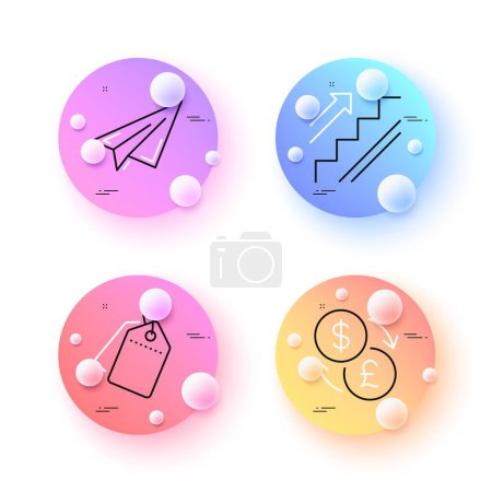 Ilustración de Sale tags, Stairs and Currency exchange minimal line icons. 3d spheres or balls buttons. Paper plane icons. For web, application, printing. Discount labels, Stairway, Money transfer. Airplane. Vector - Imagen libre de derechos