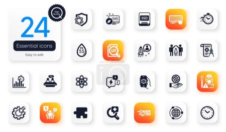 Illustration for Set of Science flat icons. Education, Computer keyboard and Nurse elements for web application. Ssd, Teamwork, Partnership icons. Timer, Web system, 3d app elements. Puzzle, Seo gear. Vector - Royalty Free Image
