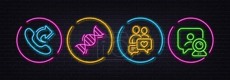 Téléchargez les illustrations : Share call, Chemistry dna and Dating chat minimal line icons. Neon laser 3d lights. Video conference icons. For web, application, printing. Phone support, Chemical formula, People love. Vector - en licence libre de droit