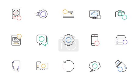 Illustration for Recovery line icons. Backup, Restore data and recover file. Laptop renew, drive repair and phone recovery icons. Linear set. Bicolor outline web elements. Vector - Royalty Free Image