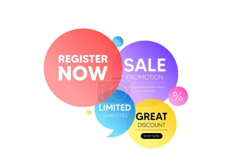 Illustration for Discount offer bubble banner. Register now tag. Free registration offer. Create an account message. Promo coupon banner. Register now round tag. Quote shape element. Vector - Royalty Free Image