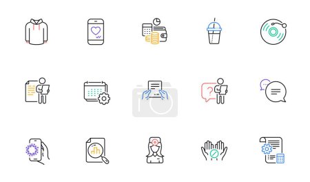 Téléchargez les illustrations : Budget accounting, Oculist doctor and Text message line icons for website, printing. Collection of Vinyl record, Coffee cocktail, Hoody icons. Receive file, Love chat. Vector - en licence libre de droit