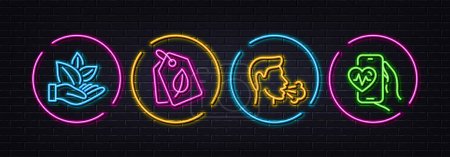 Ilustración de Bio tags, Organic product and Cough minimal line icons. Neon laser 3d lights. Cardio training icons. For web, application, printing. Leaf, Coronavirus symptom, Fitness app. Neon lights buttons. Vector - Imagen libre de derechos