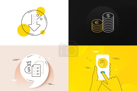 Ilustración de Minimal set of Accounting, Accounting wealth and Currency line icons. Phone screen, Quote banners. Low percent icons. For web development. Finance clipboard, Audit report, Euro and usd. Vector - Imagen libre de derechos